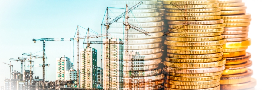 Construction site in the background with fading piles of gold coins in the front