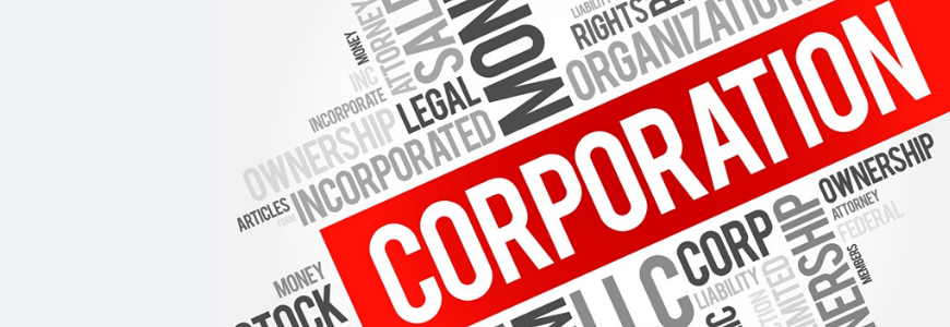 The word CORPORATION written out in big letters and highlighted in red. Surrounded by associated words relating to a corporation
