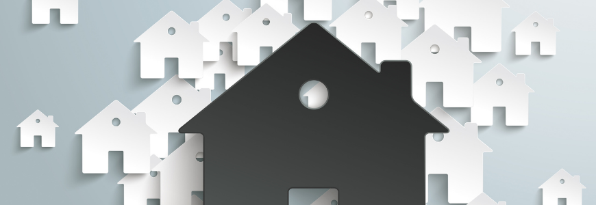 Infographic with white and black houses on the grey background