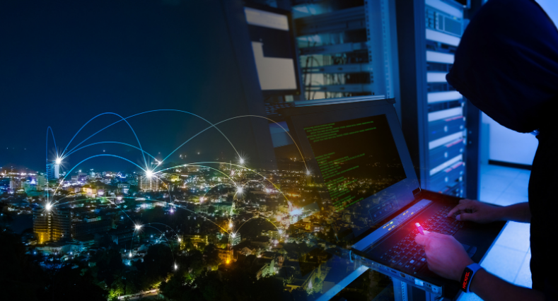 Hacker hacking and stealing data information with usb drive in the server room of technology data center and blending with city landscape at night with mesh network telecommunication connection