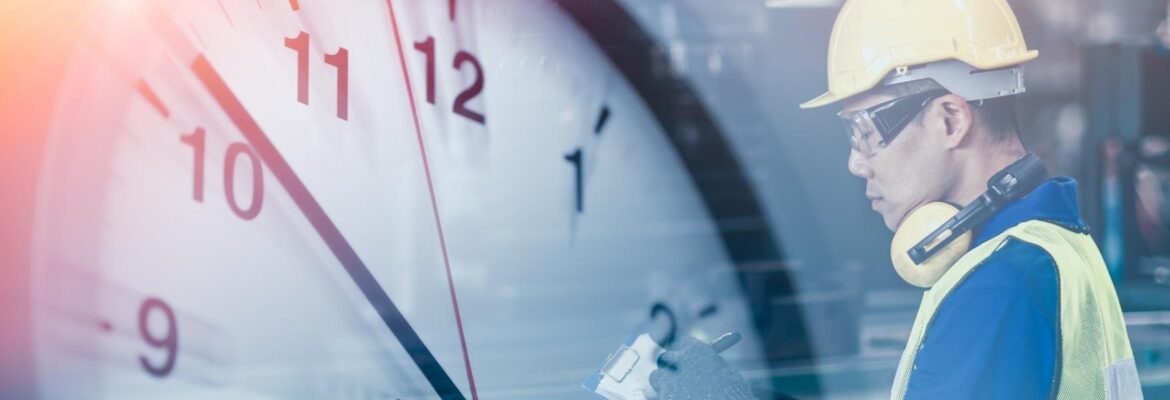 Construction worker looking at checklist with clock overlay for deadline concept