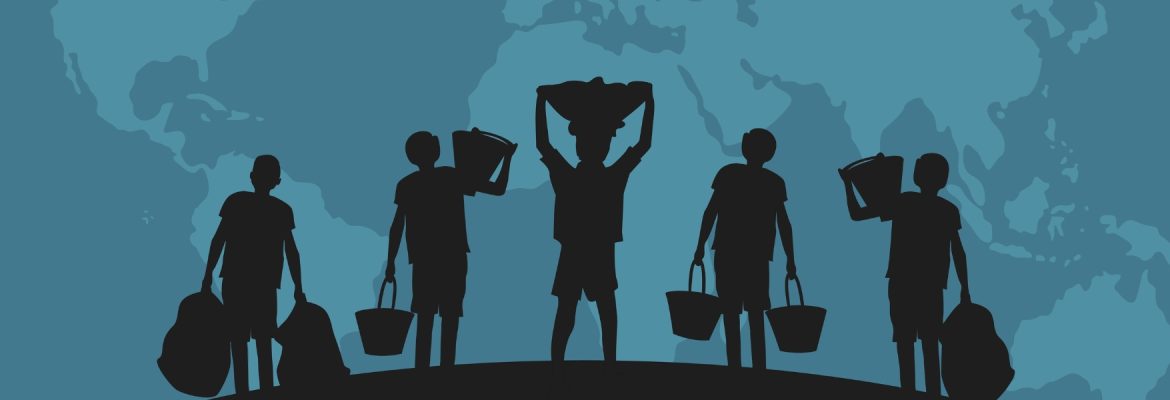Child labour background with world map and children in black silhouette. Illustration concept of child abuse and exploitation.