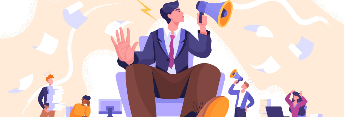 People shout out for larger than life boss sitting in chair with megaphone