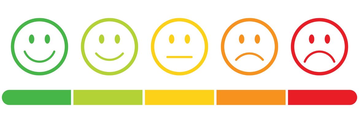 Rating emojis set in different colors outline with a rating scale.