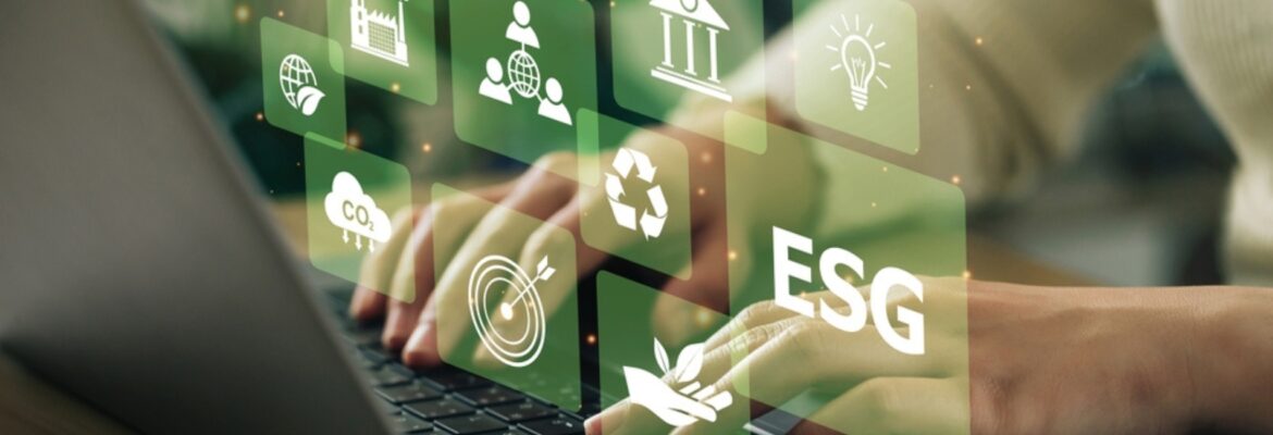 ESG environment social governance investment business concept. Women use a computer to analyze ESG, surrounded by ESG icons .close to the computer screen in business investment strategy concept.