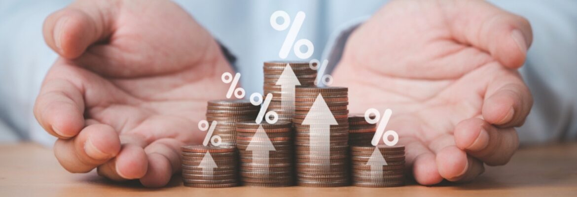 Two hand giving heap of coins money with up arrow and percentage symbol for financial banking increase interest rate or mortgage investment dividend from business growth concept..