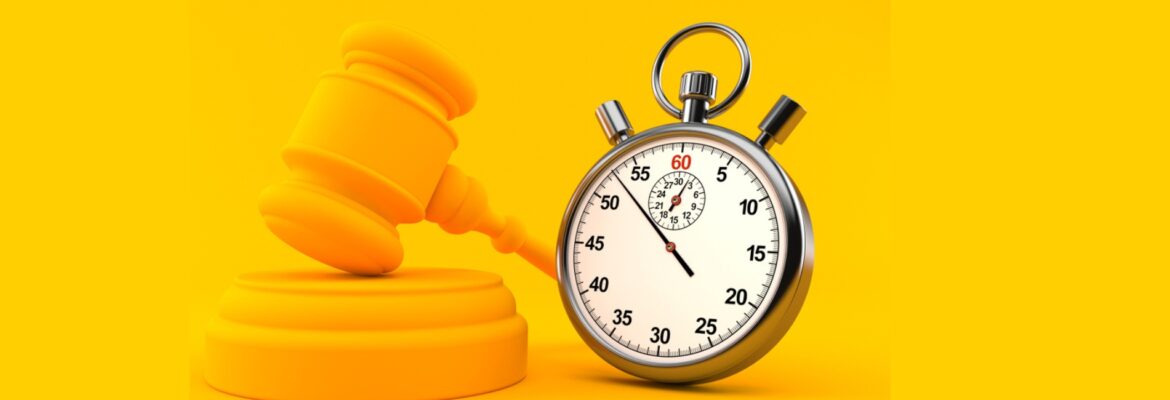 Law background with stopwatch in orange color. 3d illustration