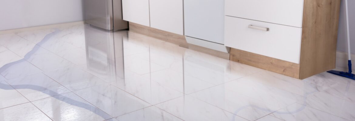 Close-up Photo Of Flooded Floor In Kitchen From Water Leak.