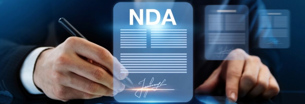A business professional signs a digital Non-Disclosure Agreement (NDA) with a pen, emphasizing confidentiality and legal commitment.