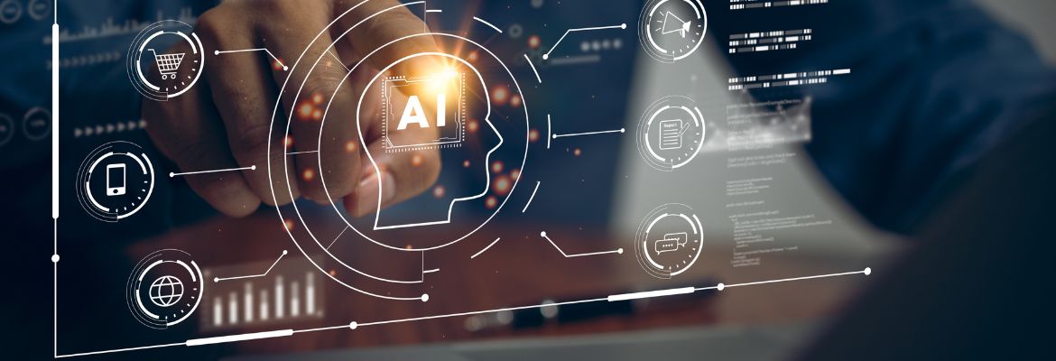 Artificial intelligence digital concept with AI infographics illuminated on a dark screen background