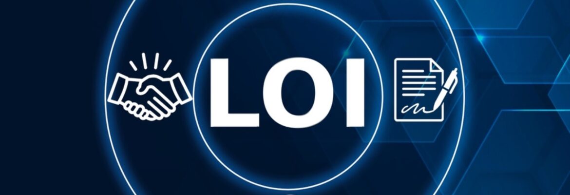 Graphic illustrating "LOI" with a handshake symbol and a document being signed, set against a blue technology-themed background.
