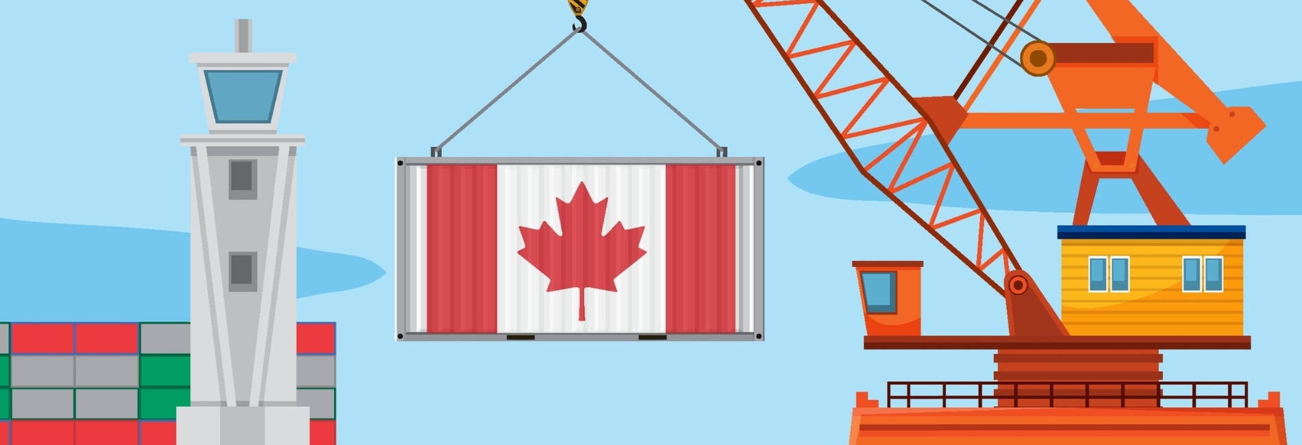 Illustration of a cargo ship and crane unloading a shipping container painted with the Canadian flag, representing international trade and tariffs.