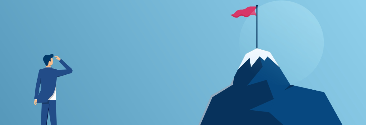Businessman standing on cliff's edge and looking at the mountain, business concept challenge and the goal