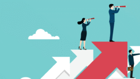 Concept of leadership and career -businesspeople stand atop arrows using binoculars looking to the success