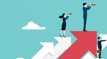 Concept of leadership and career -businesspeople stand atop arrows using binoculars looking to the success