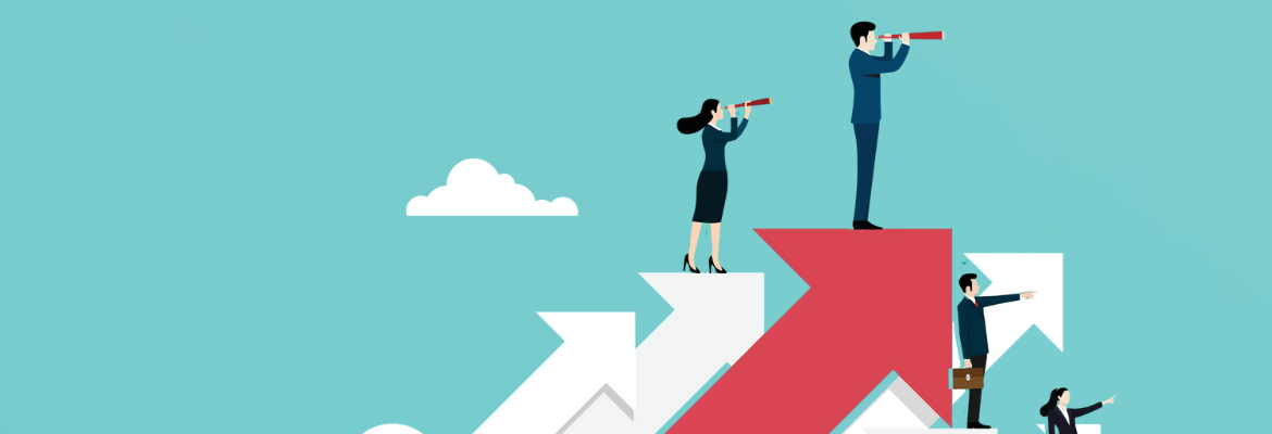 Concept of leadership and career -businesspeople stand atop arrows using binoculars looking to the success