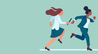 Businesswoman passes baton to her colleague in relay race