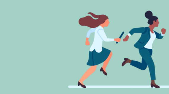 Businesswoman passes baton to her colleague in relay race