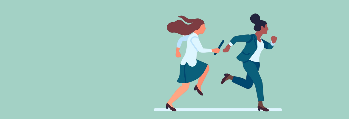 Businesswoman passes baton to her colleague in relay race