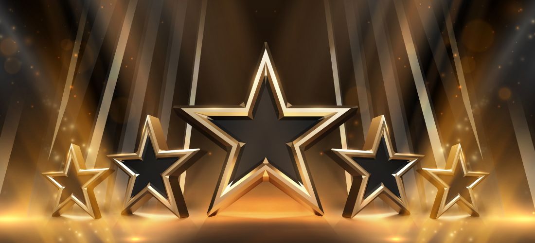 Awards ceremony background with dark corridors and spotlights effect and 3D golden star elements
